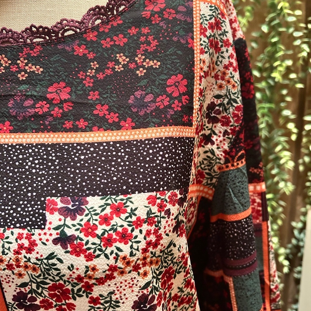 NWOT Patchwork Floral Boho Top - Red, Black, Cream - Picture 2 of 3